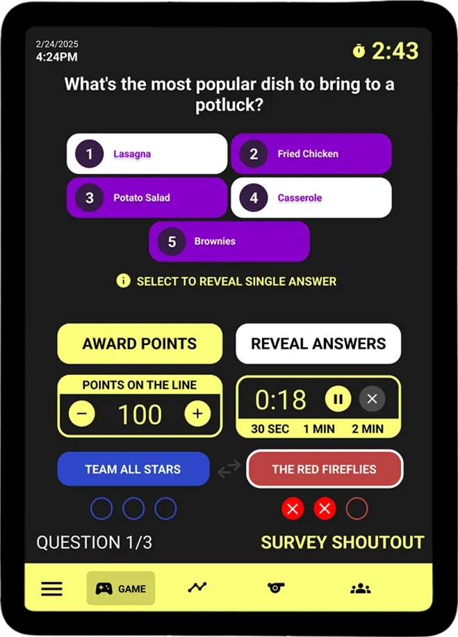 The host tablet during a live round, showing controls, timer and both team scores