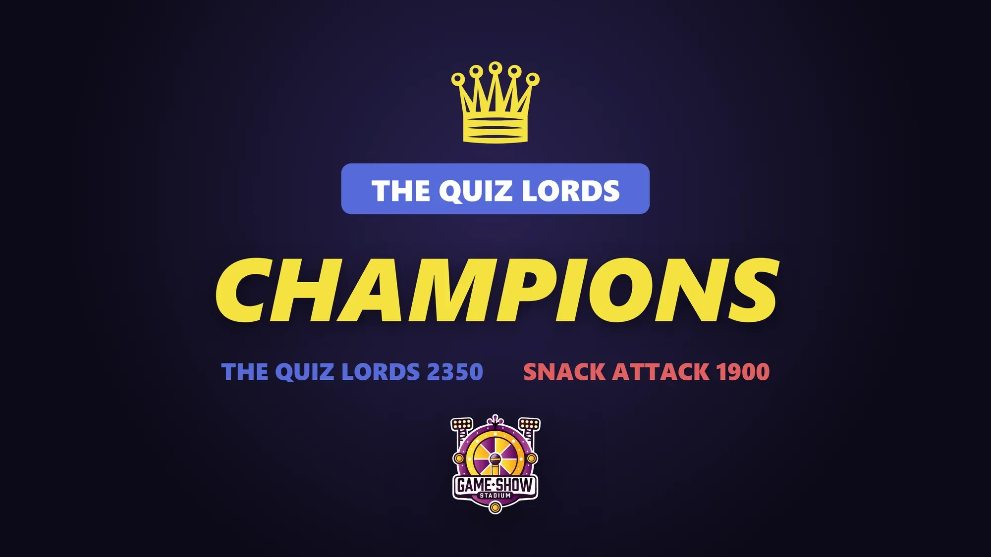 The champion screen at the end of a show, crowning The Quiz Lords with both final scores